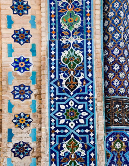 Detailed view of traditional Uzbek tile artwork on a decorative wall, showcasing intricate mosaic patterns Central-Asia-five-Stans-packages